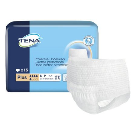 A blue package of TENA ProSkin™ Unisex Adult Absorbent Underwear, boasting breathable technology, holds 15 pieces fitting small to medium sizes and is positioned next to a standalone white textured garment for comfort.