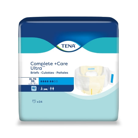 The McKesson TENA® Complete + Care Ultra™ X-Large briefs provide moderate absorbency for various incontinence needs. The blue and green package, featuring a brief illustration, contains 24 pieces and includes icons showing its versatility for different settings.