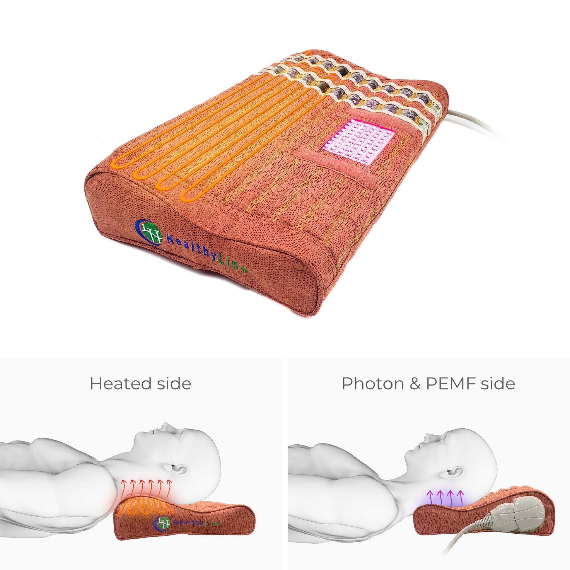 The "TAO-Mat® Pillow Soft – Photon Matrix PEMF InfraMat Pro®" by HealthyLine combines heating coils, PEMF, and photon technology. Below is a diagram showing one individual finding neck pain relief on the heated gemstone pillow side while another enjoys the benefits of photon and PEMF therapy. The design focuses on delivering therapeutic advantages along with the relaxing comfort of memory foam.