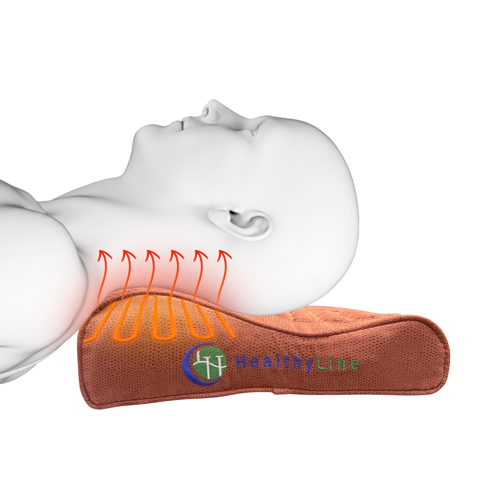 Illustration of a person resting on a contoured TAO mat Pillow with Heat by HealthLine, with red arrows indicating upward motion from the pillow, suggesting neck support or therapeutic benefits.
