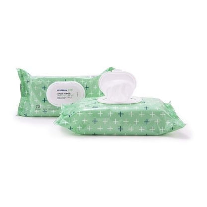 Two packs of McKesson Baby Wipes with Aloe and Vitamin E in green packaging featuring a white cross pattern. One pack is sealed, while the other is open, displaying some of the gentle wipes ideal for sensitive skin.