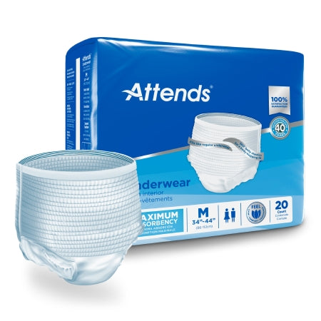 The McKesson Unisex Adult Absorbent Underwear Attends® features heavy absorbency with tear-away seams and comes in blue packaging. A single medium disposable brief outside the package highlights its design and stretchable waistband.