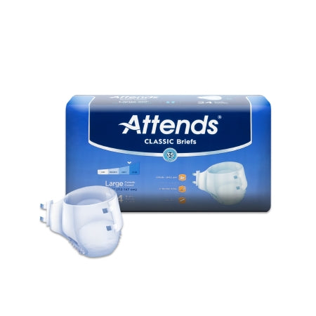 The image shows McKesson's Attends® Classic Unisex Adult Incontinence Briefs, size large, in a blue wrapper featuring the heavy absorbency brief.
