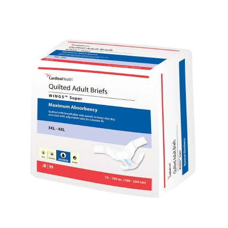A box of McKesson Wings™ unisex adult bariatric disposable incontinence briefs, 3X-Large size, heavy absorbency for maximum protection. Packaging features product details and an image of the brief.