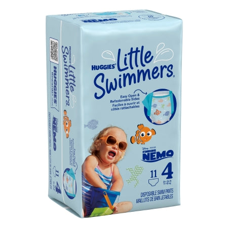 A package of McKesson Huggies® Little Swimmers® unisex baby swim diapers (size 4, heavy absorbency) features a child in sunglasses and swimsuit with a Finding Nemo design. It includes 11 disposable diapers and highlights easy open sides.