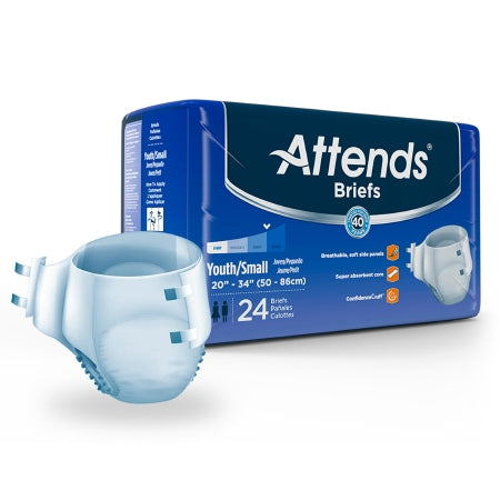 The Unisex Youth Incontinence Brief in Small by Attends features a waist fit of 20"-34" and comes with 24 briefs per pack. Highlights include breathable sides, odor control, and a super absorbent core, with an image of a single brief on the package front.