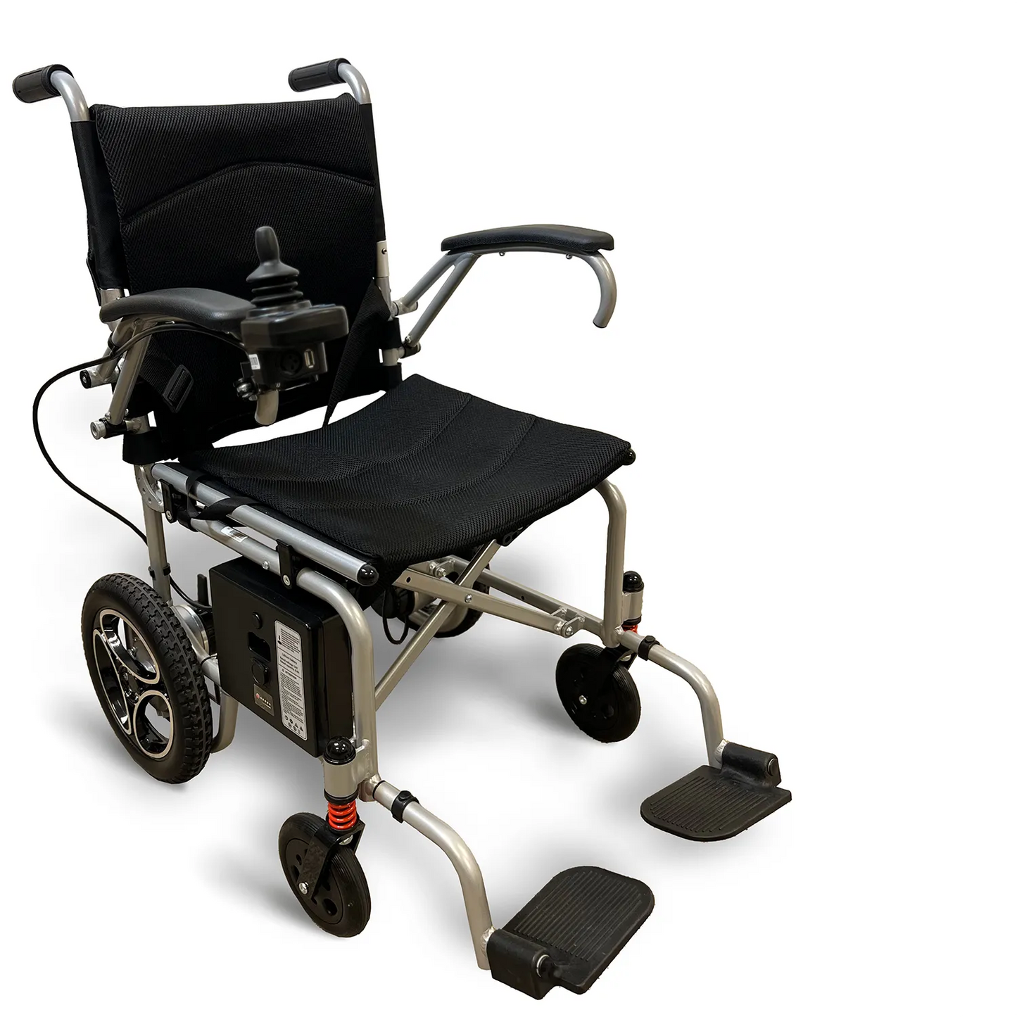 The Journey Health & Life Style Journey Air Power Wheelchair, a lightweight, foldable electric chair with black seat/backrest, right-side joystick, armrests, large rear wheels, and small front wheels is shown on a white background. Easy to transport.
