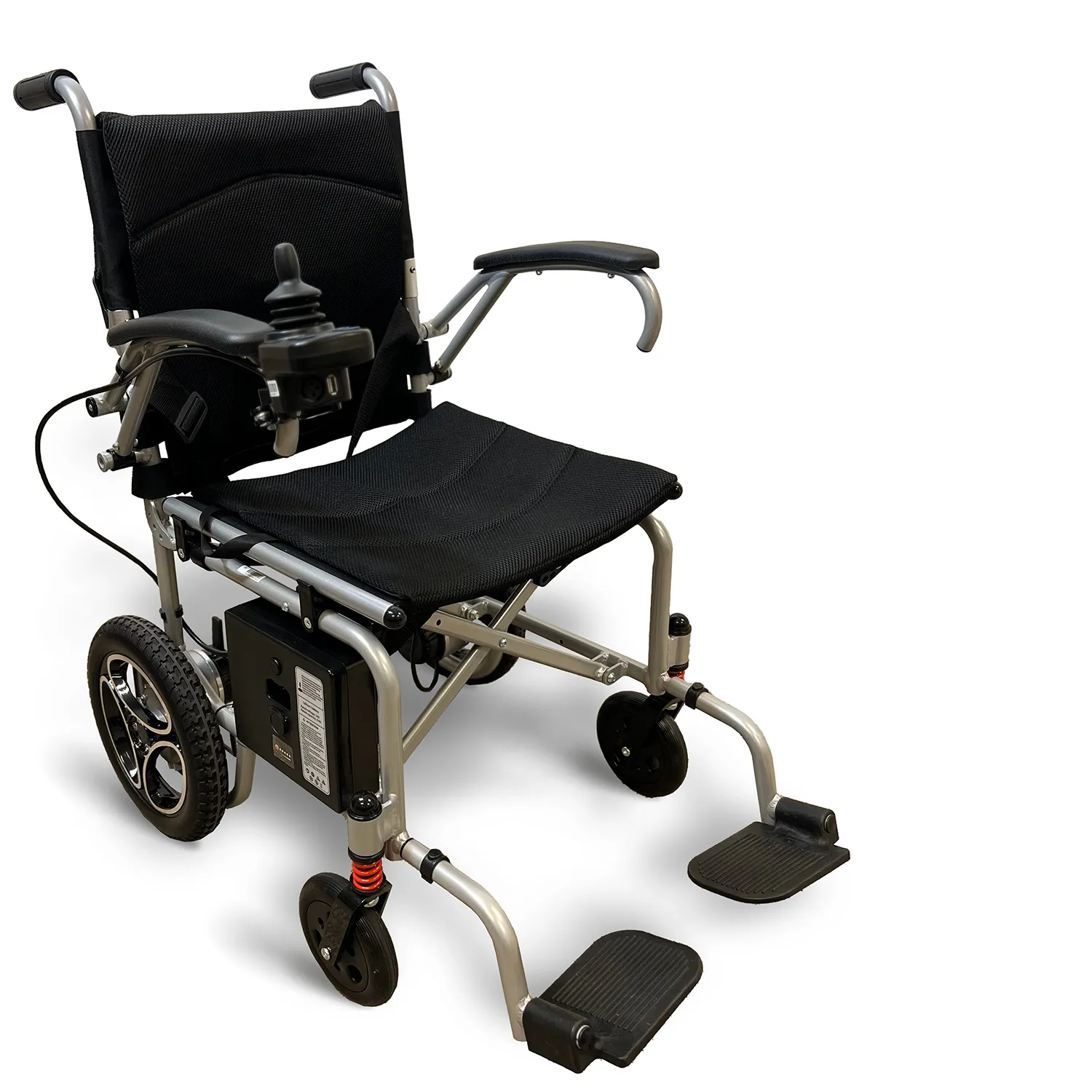 The Journey Health & Life Style Journey Air Power Wheelchair, a lightweight, foldable electric chair with black seat/backrest, right-side joystick, armrests, large rear wheels, and small front wheels is shown on a white background. Easy to transport.