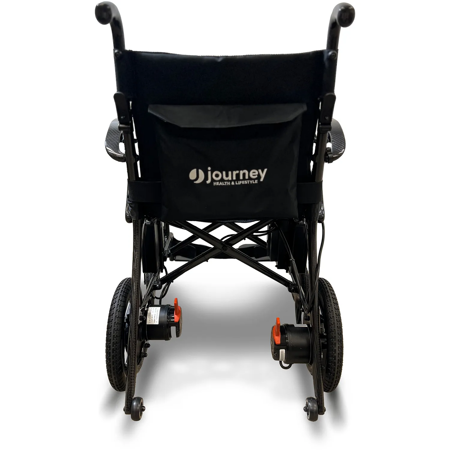 Rear view of the Air Elite Power Wheelchair by Journey Health & Life Style, shown in black with the logo on the backrest pocket. Designed for easy maneuverability, it features two large rear wheels and two smaller front wheels against a white background.
