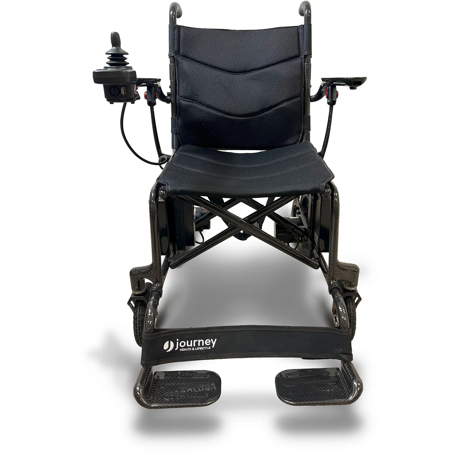 The Air Elite Power Wheelchair by Journey Health & Life Style is a black, lightweight electric chair with right-arm joystick, mesh seat and backrest, dual footrests, and the brand name on the front foot support.