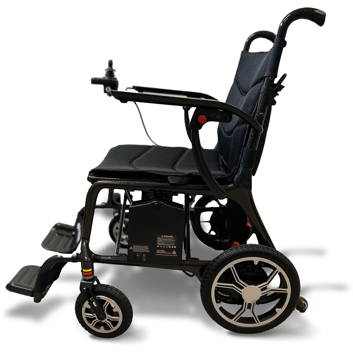 The Air Elite Power Wheelchair by Journey Health & Life Style features a black frame, joystick control on the armrest, padded seat, curved backrest, and footrests—designed for easy maneuverability and lightweight portability.