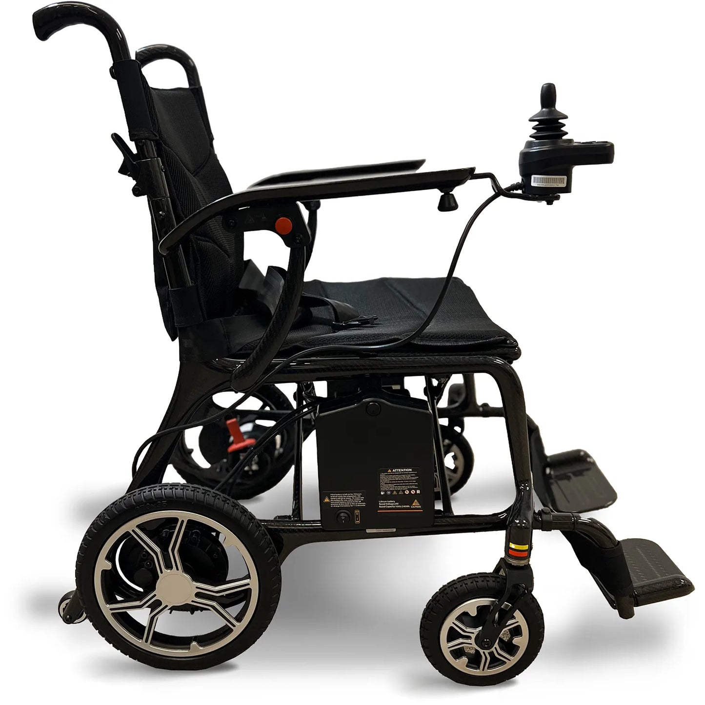 The Air Elite Power Wheelchair by Journey Health & Life Style is a modern black, lightweight and portable electric wheelchair with large rear wheels, smaller front wheels, cushioned seat, armrests, and right-side joystick control, shown side-on.