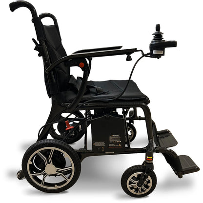 The Air Elite Power Wheelchair by Journey Health & Life Style is a modern black, lightweight and portable electric wheelchair with large rear wheels, smaller front wheels, cushioned seat, armrests, and right-side joystick control, shown side-on.