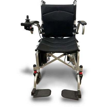 Front view of the Journey Health & Life Style Journey Air Power Wheelchair: lightweight, foldable design with black seat/backrest, silver frame, armrests, left-side joystick control, brushless motors, and forward footrests.