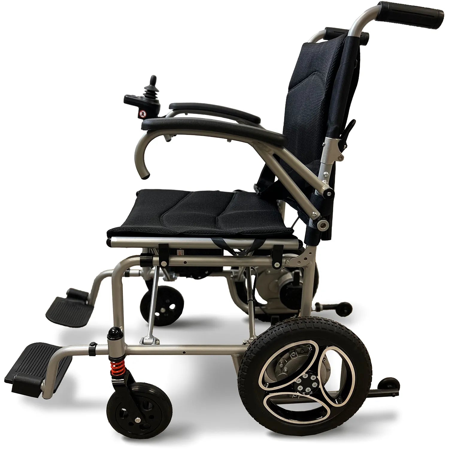 The Journey Air Power Wheelchair by Journey Health & Life Style is a modern foldable electric chair with a black seat, armrests, footrests, joystick on the right armrest, and large rear wheels for easy mobility.