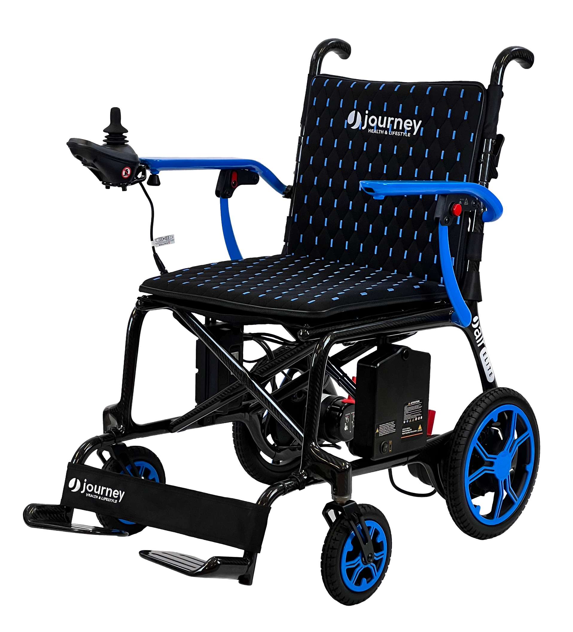 The Air Elite Power Wheelchair by Journey Health & Life Style features a blue design, padded armrests, joystick control on the left armrest, large rear wheels, and brand logos on the seat and footrest for easy maneuverability.