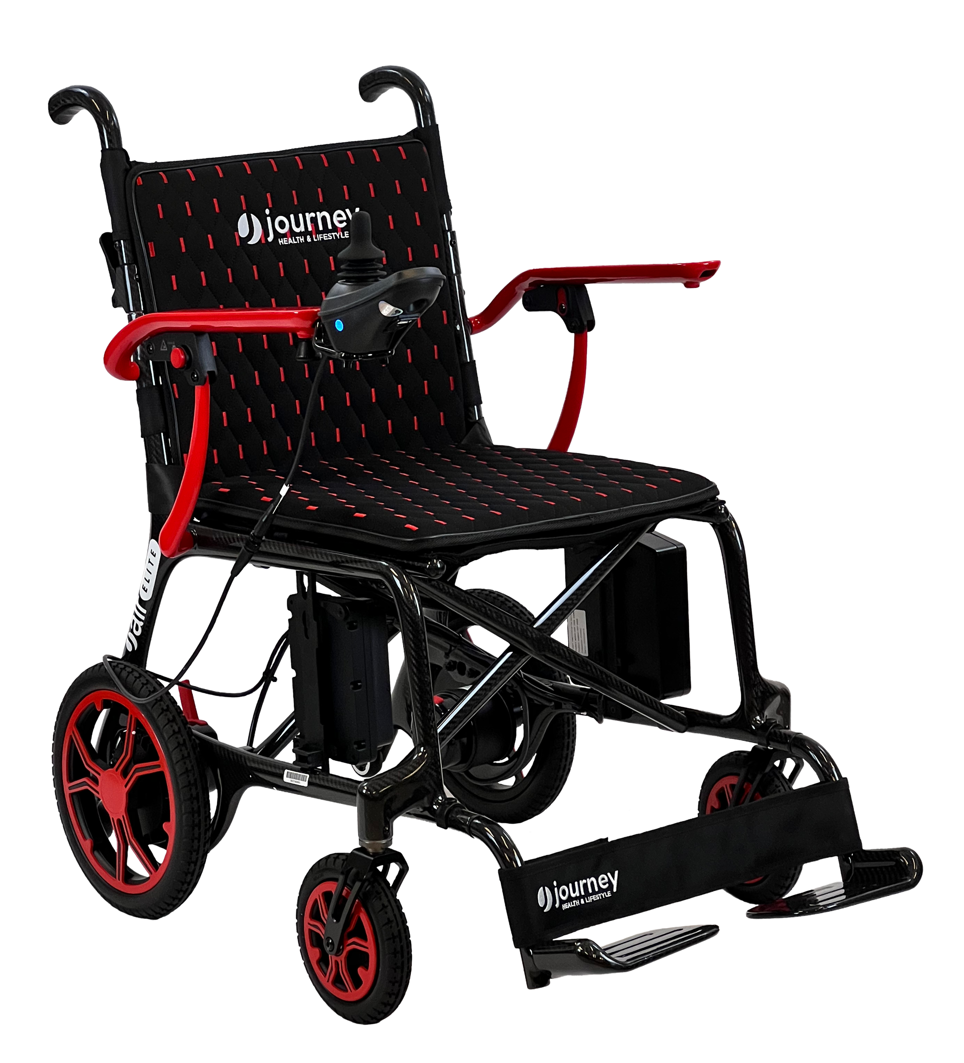 The Air Elite Power Wheelchair by Journey Health & Life Style is a lightweight, red electric wheelchair with armrests, joystick control, footrests, large rear wheels, and "Journey" branding on the seat back and footrest.
