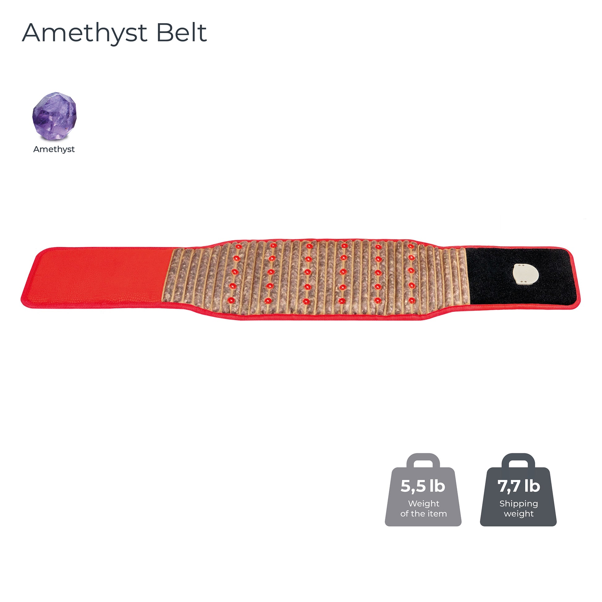The image features a red Amethyst Belt Soft - Photon PEMF InfraMat Pro® from HealthyLine, highlighted with wooden elements and a black patch at one end, perfect for PEMF therapy. Displayed flat against a white background, icons show the item's weight as 5.5 lb and the shipping weight as 7.7 lb.
