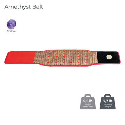 The image features a red Amethyst Belt Soft - Photon PEMF InfraMat Pro® from HealthyLine, highlighted with wooden elements and a black patch at one end, perfect for PEMF therapy. Displayed flat against a white background, icons show the item's weight as 5.5 lb and the shipping weight as 7.7 lb.