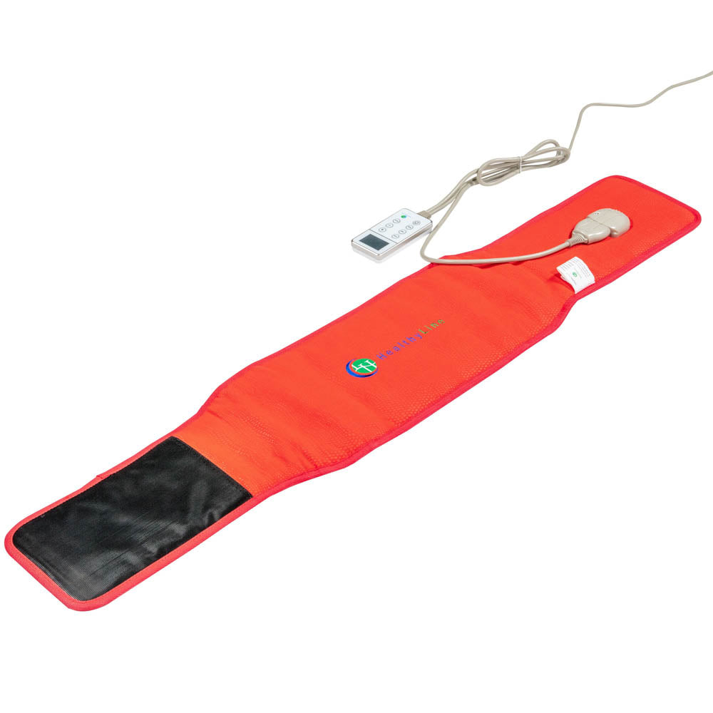 The Amethyst Belt Soft - Photon PEMF InfraMat Pro® by HealthyLine is a red heating pad designed for gemstone heating. It features an integrated control unit and power cord, with a black section at one end and a logo in the center. The control unit includes a display and buttons for convenient setting adjustments.