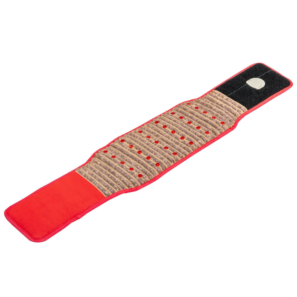The Amethyst Belt Soft - Photon PEMF InfraMat Pro® by HealthyLine is a flat, rectangular heating pad with a distinctive red and beige design adorned with circular patterns. It features a control unit at one end and provides various textures and sections for flexibility, making it ideal for wrapping around the body while delivering therapeutic benefits through gemstone heating.