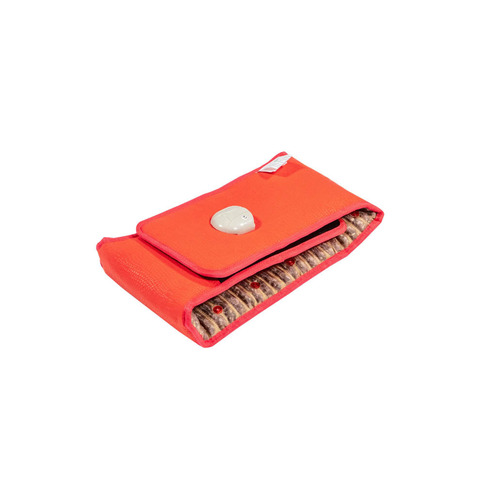 A partially open red rectangular pouch with a button clasp reveals an interior inspired by the vibrant patterns of the Amethyst Belt Soft by HealthyLine. The lining displays an abstract design beneath the flap, exuding elegance and charm reminiscent of the Photon PEMF InfraMat Pro®.