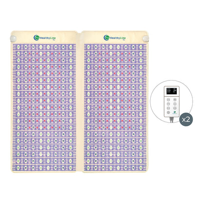 The TAJ-Mat™ King 8076 Firm - Photon PEMF Split Inframat Pro® is a vibrant infrared heating mat decorated with a geometric design. It includes an attached control panel with two settings and provides hot gemstone therapy. Bearing the "HealthyLine" brand at the top, it's crafted to boost wellness benefits.