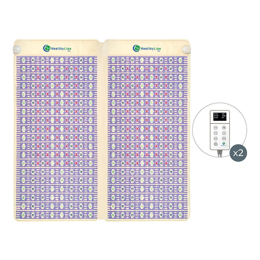 The TAJ-Mat™ King 8076 Firm - Photon PEMF Split Inframat Pro® is a vibrant infrared heating mat decorated with a geometric design. It includes an attached control panel with two settings and provides hot gemstone therapy. Bearing the "HealthyLine" brand at the top, it's crafted to boost wellness benefits.