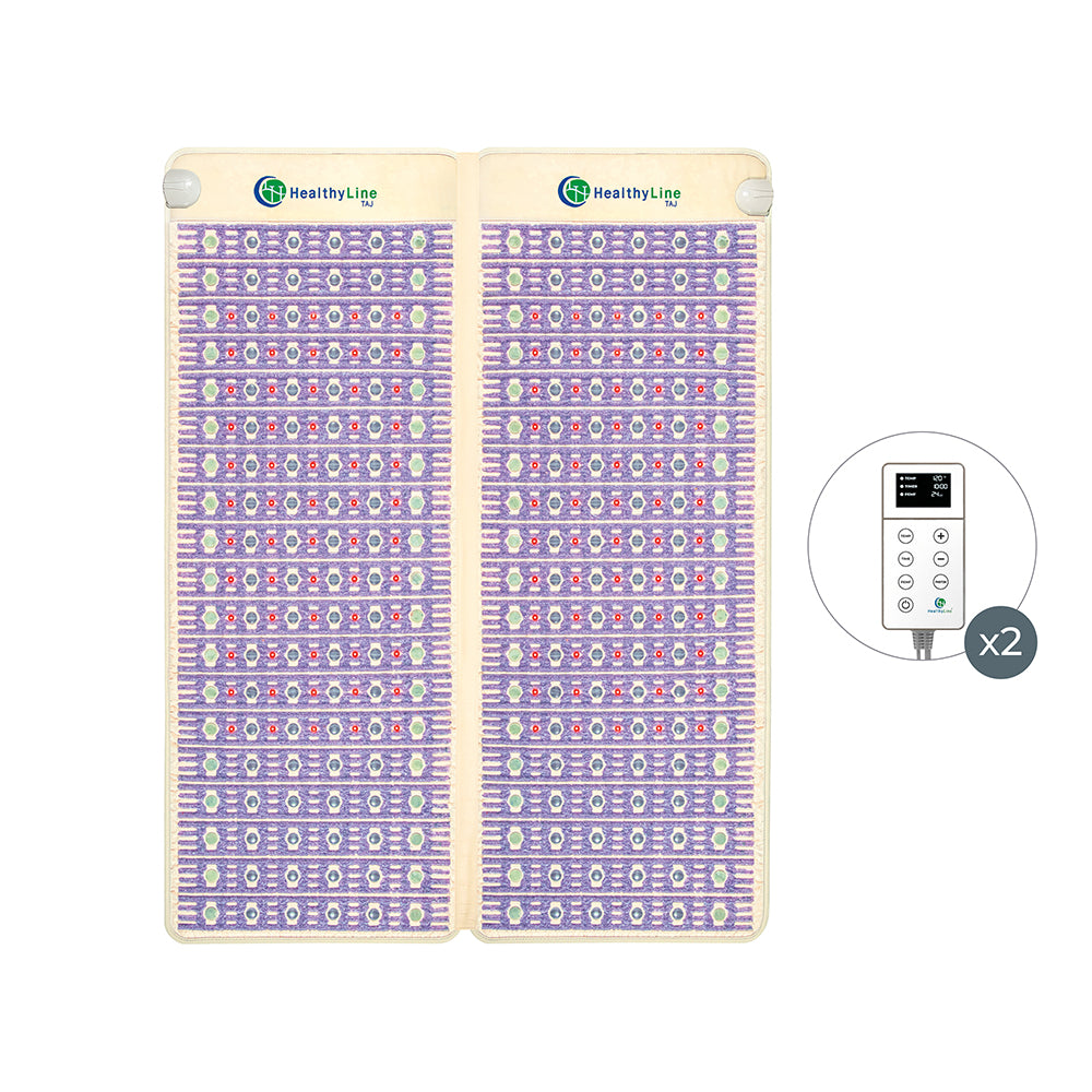 The image showcases a HealthyLine TAJ-Mat™ Queen 8060 Firm - Photon PEMF Split Inframat Pro®, featuring a vibrant purple design, dual digital displays for precise control, far infrared heat, and PEMF therapy for optimal wellness benefits.