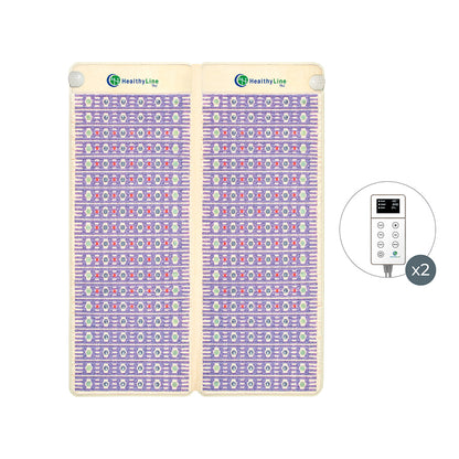 The image showcases a HealthyLine TAJ-Mat™ Queen 8060 Firm - Photon PEMF Split Inframat Pro®, featuring a vibrant purple design, dual digital displays for precise control, far infrared heat, and PEMF therapy for optimal wellness benefits.