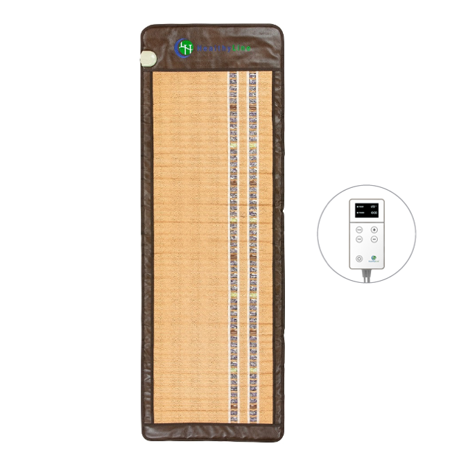 The SOFT-Mat™ Full 7224 InfraMat Pro® by HealthLine is a rectangular infrared heating pad with a tan center surrounded by a brown border, ideal for full body therapy. Equipped with a digital control panel, it features the "HealthLine" logo and uses gemstone composition to enhance its therapeutic benefits.