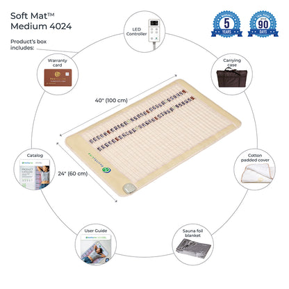 Image of the SOFT Mat Medium 4024 InfraMat Pro® by HealthyLine, a heated gemstone mat. Box contents include an LED controller, warranty card, carrying case, cotton padded cover, far infrared blanket with a sauna foil feature, catalog, and user guide. Dimensions: 40" x 24" (100 cm x 60 cm). Warranty icons indicate coverage for 5 years and an additional 90 days.