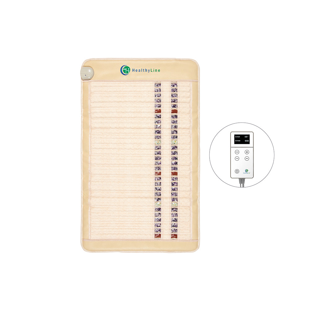 The SOFT Mat Medium 4024 InfraMat Pro® by HealthyLine is a beige rectangular heated gemstone mat, featuring multiple rows of embedded stones including amethyst. It includes a control unit with a digital display and adjustment buttons. The brand name "HealthyLine" is prominently displayed on the top left corner, ensuring both quality and elegance.