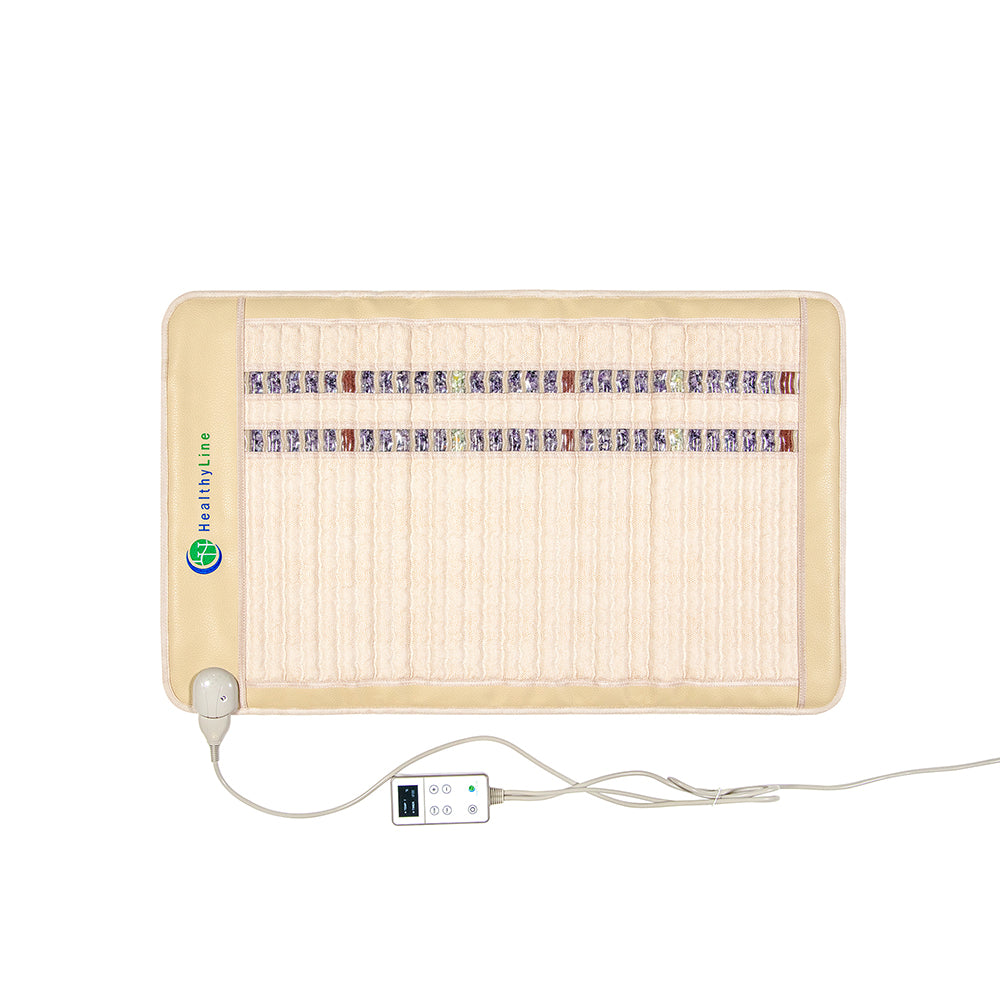 The SOFT Mat Medium 4024 InfraMat Pro® by HealthyLine is an electric heating pad infused with amethyst, featuring a beige fabric surface adorned with colorful stripes. It comes equipped with an attached digital control panel and a power cord, providing optimal comfort through its digital display controller.