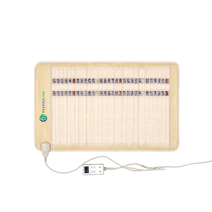 The SOFT Mat Medium 4024 InfraMat Pro® by HealthyLine is an electric heating pad infused with amethyst, featuring a beige fabric surface adorned with colorful stripes. It comes equipped with an attached digital control panel and a power cord, providing optimal comfort through its digital display controller.