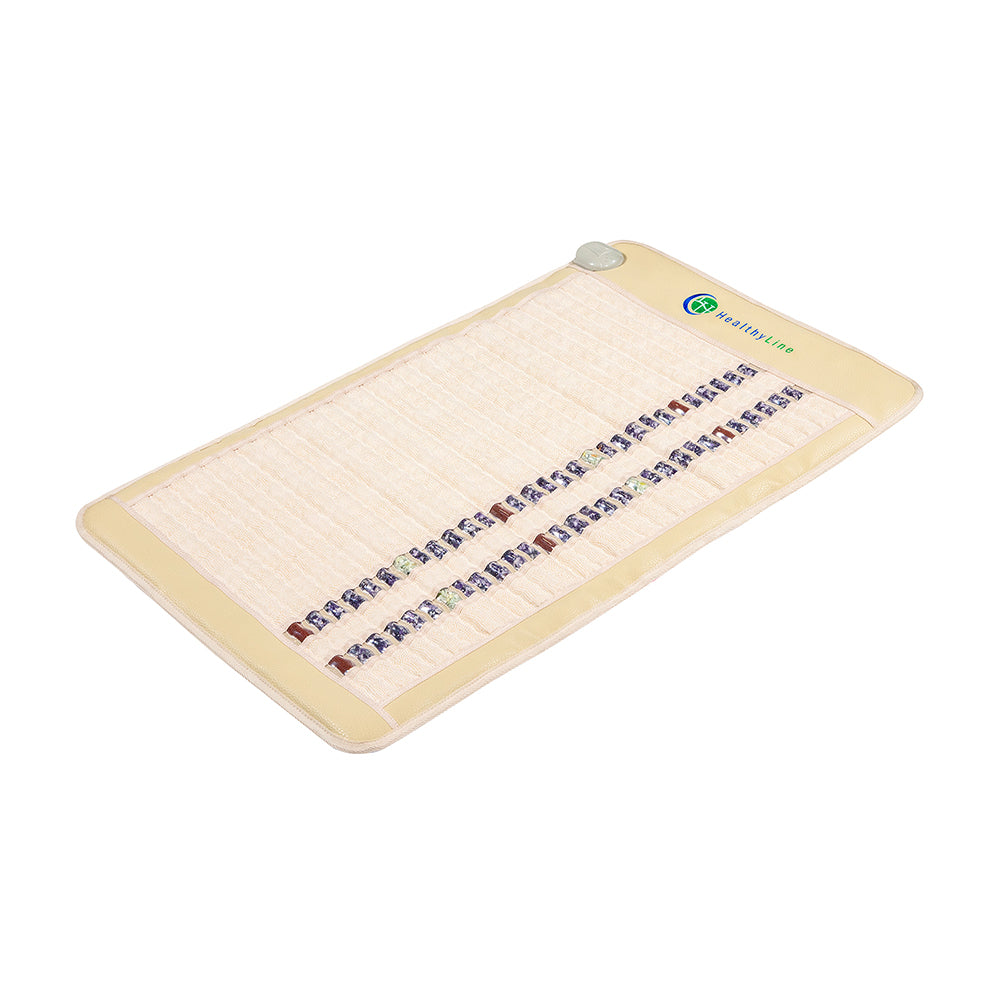 The SOFT Mat Medium 4024 InfraMat Pro® by HealthyLine is a rectangular, beige heated gemstone mat featuring embedded amethyst rows and neatly stitched edges for luxurious relaxation. A small control panel attached at one corner enhances the soothing experience, highlighting the brand’s commitment to quality and comfort during your sessions.