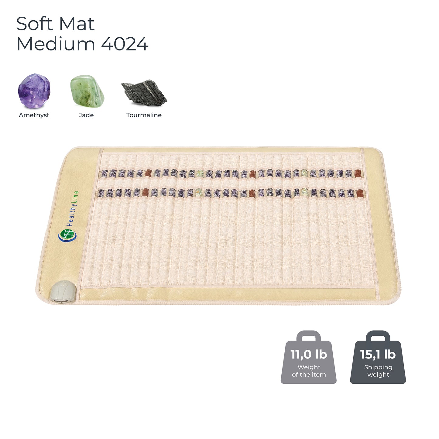 Image of a HealthyLine SOFT Mat Medium 4024 InfraMat Pro®, featuring amethyst, jade, and tourmaline. The comfortable mat has a weight of 11.0 lb and a shipping weight of 15.1 lb.