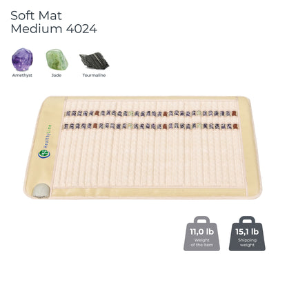 Image of a HealthyLine SOFT Mat Medium 4024 InfraMat Pro®, featuring amethyst, jade, and tourmaline. The comfortable mat has a weight of 11.0 lb and a shipping weight of 15.1 lb.