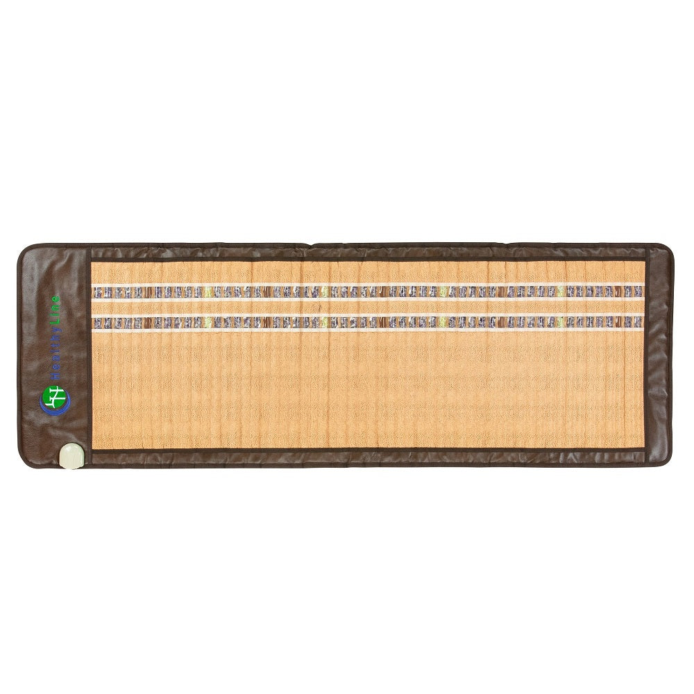 The SOFT-Mat™ Full 7224 InfraMat Pro® by HealthLine is a rectangular tan mat featuring brown edges and narrow strips that provides full-body therapy. Its surface includes a circular control or logo in one corner, combining functionality with style.