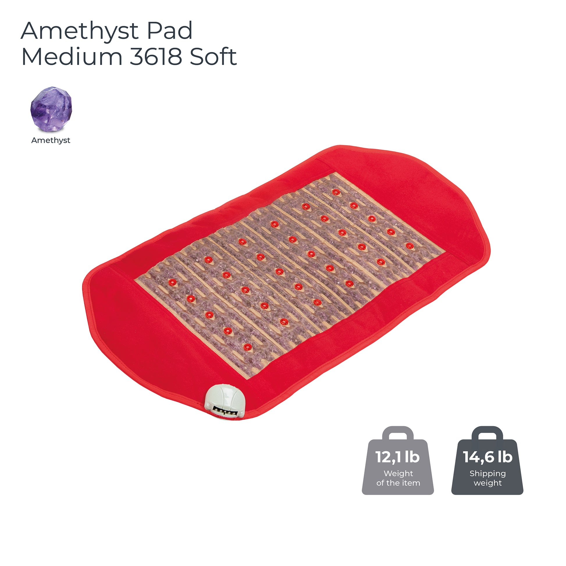 An image displays the HealthyLine Photon PEMF InfraMat Pro® Amethyst Pad Medium 3618 Soft, distinguished by its red border and patterned center, complete with a digital control. Perfect for infrared therapy, it has a weight of 12.1 lb and a shipping weight of 14.6 lb.