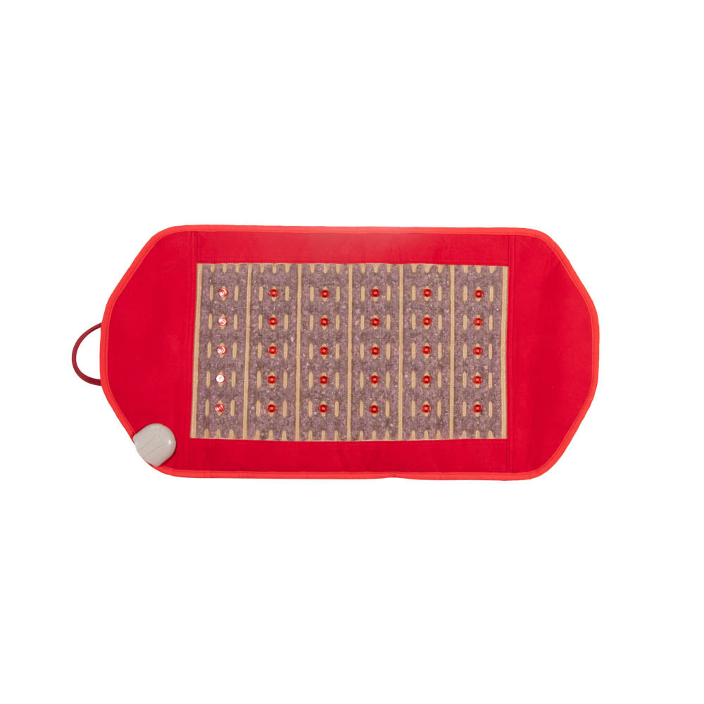 The Photon PEMF InfraMat Pro® Amethyst Pad Medium 3618 Soft by HealthyLine is a rectangular red massage mat designed for PEMF therapy. It features a control button and a central area with a grid pattern, complete with embedded circular elements. Elegantly displayed on a white background, this therapeutic amethyst pad combines style and function.