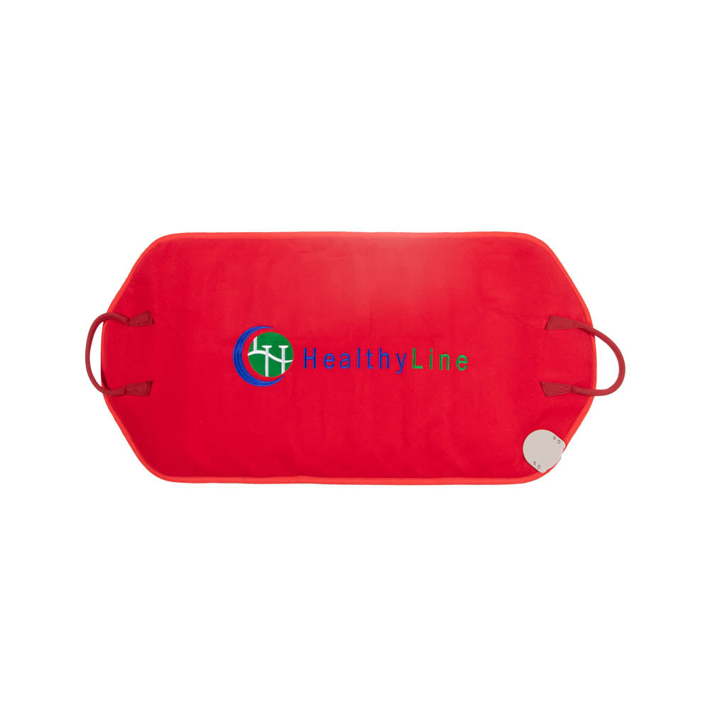 The Photon PEMF InfraMat Pro® Amethyst Pad Medium 3618 Soft by HealthyLine is a red, rectangular mat equipped with a compact control device located in the bottom right corner for infrared therapy. The "HealthyLine" logo is prominently displayed in the center, and it includes handles on each side for easy transport, making it ideal for convenient PEMF therapy sessions.