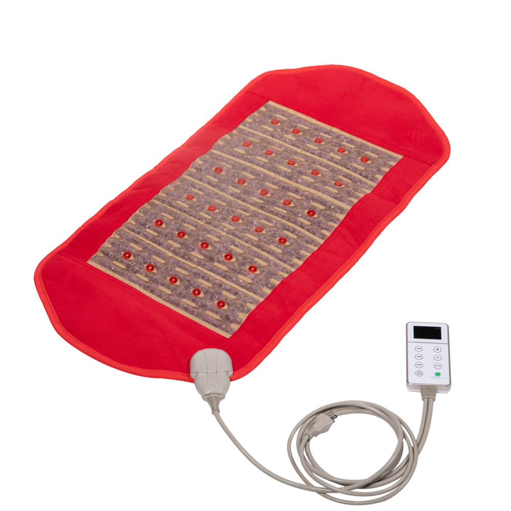 The Photon PEMF InfraMat Pro® Amethyst Pad Medium 3618 Soft by HealthyLine is a rectangular therapy pad with a red border and textured central area, featuring small red lights for infrared therapy. It connects to a control unit with a screen and buttons via a gray cable, offering advanced therapeutic benefits.
