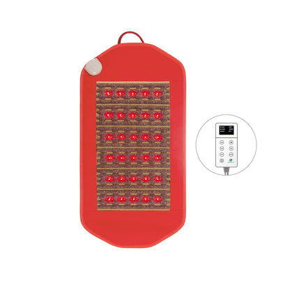 The Photon PEMF InfraMat Pro® Amethyst Pad Medium 3618 Soft by HealthyLine features multiple red LED lights arranged in rows to provide soothing infrared therapy. Accompanied by a white remote control with an LCD screen and several buttons, it allows you to customize your PEMF therapy experience effortlessly.