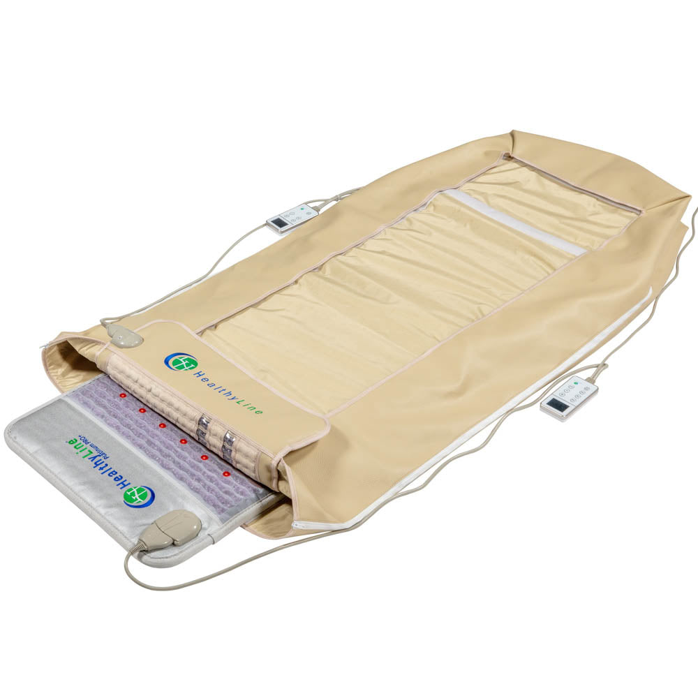 The HealthyLine Platinum 360 Wrap Set Full 7224 - Photon Advanced PEMF is a beige infrared heating mat with gemstone technology, visible heating elements, remote controls, and a built-in control panel for a revitalizing full-body experience.