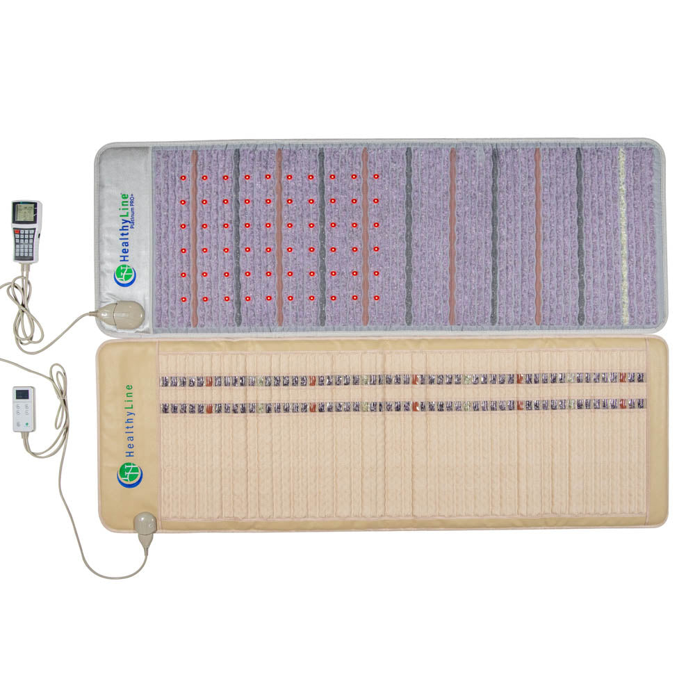 The HealthyLine Platinum 360 Wrap Set Full 7224 - Photon Advanced PEMF includes two rectangular heated mats with built-in controllers; the top mat has LED-lit purple and red areas, while the beige bottom mat features decorative gemstone strips.