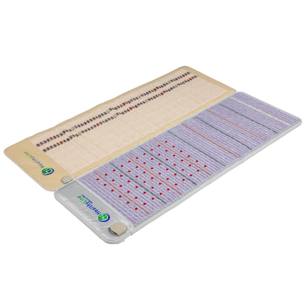 Two HealthyLine Platinum 360 Wrap Set Full 7224 - Photon Advanced PEMF mats are placed side by side, one beige with brown stones, the other gray with purple stones and red photon lights, both featuring gemstone tech and corner control panels.