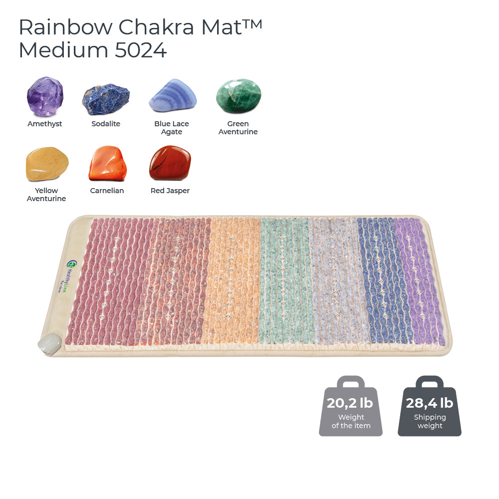 An image of the Rainbow Chakra Mat™ Small 4020 Firm - Photon PEMF Inframat Pro® by HealthyLine, displaying colored sections for gemstones: amethyst, sodalite, blue lace agate, green aventurine, yellow aventurine, carnelian, and red jasper. Enhanced with far-infrared rays; weighs 20.2 lb and ships at 28.4 lb.