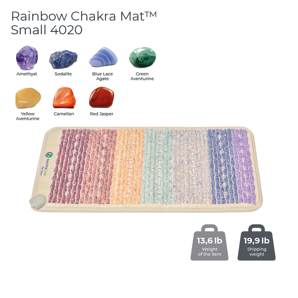 Explore HealthyLine's Rainbow Chakra Mat™ Small 4020 Firm - Photon PEMF Inframat Pro® 3rd Edition, featuring gemstones from amethyst to red jasper. This vibrant mat emits far-infrared rays, weighs 13.6 lb, has a shipping weight of 19.9 lb, and is perfect for energy alignment.