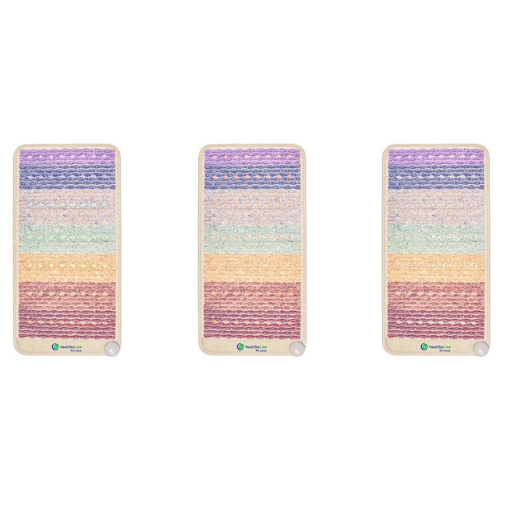 Three identically styled cards with multiple horizontal rows of pastel lace patterns resemble the vibrant hues of a HealthyLine Rainbow Chakra Mat™. These cards have a beige border, display a "Weddingstar" logo, and showcase lace in varied colors, including purple, pink, and green.